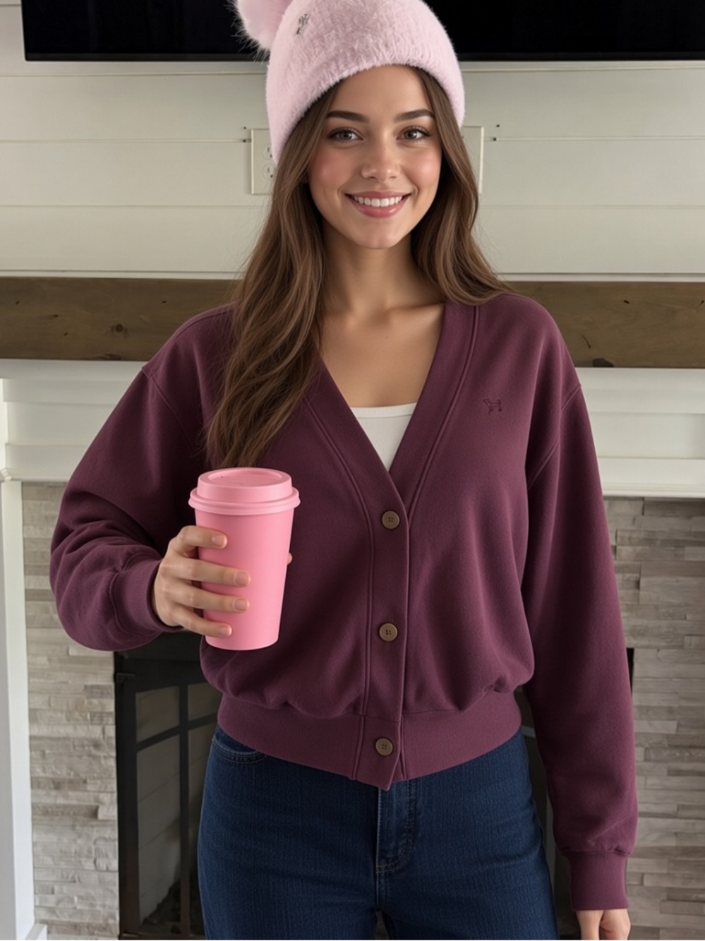 PINK Victoria’s Secret – Cozy Collegiate Cardigan in Burgundy Wine